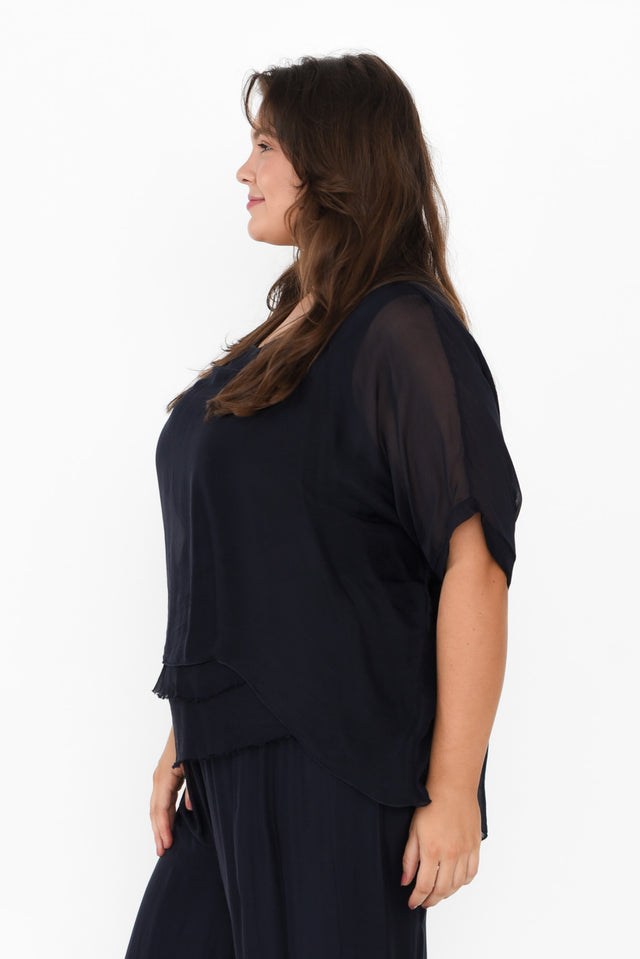Talia Navy Silk Layer Top,Brunette model,alt text|model:Gabby image 11