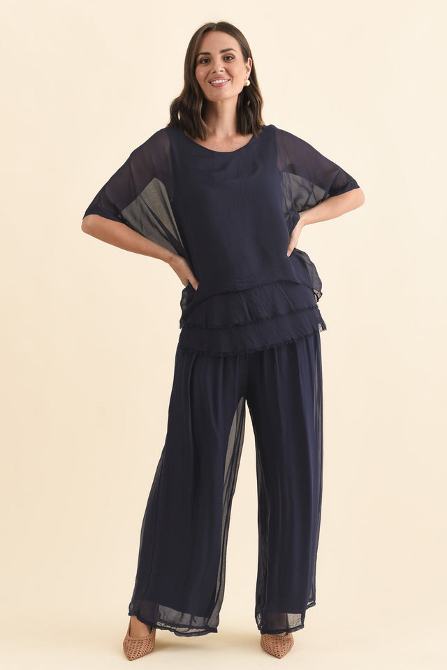 Laurier Navy Silk Wide Leg Pants,Brunette model,alt text|model:MJ image 9