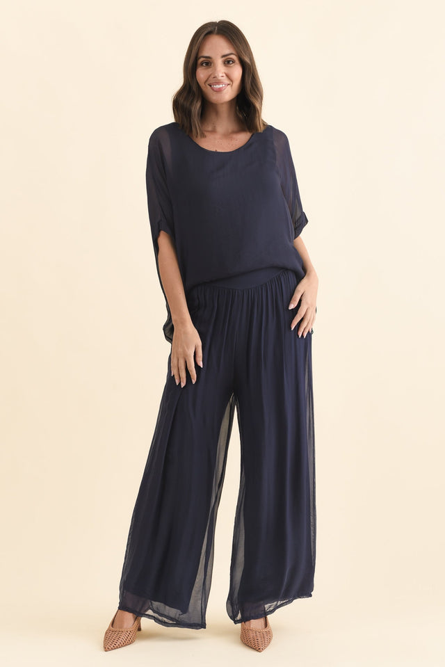Laurier Navy Silk Wide Leg Pants,Brunette model,alt text|model:MJ image 8