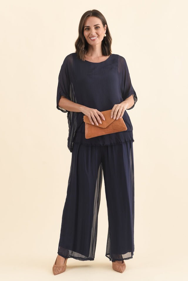 Laurier Navy Silk Wide Leg Pants,Brunette model,alt text|model:MJ image 4