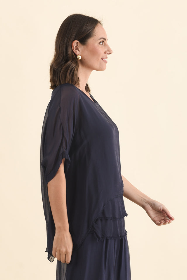 Talia Navy Silk Layer Top,Brunette model,alt text|model:MJ image 5