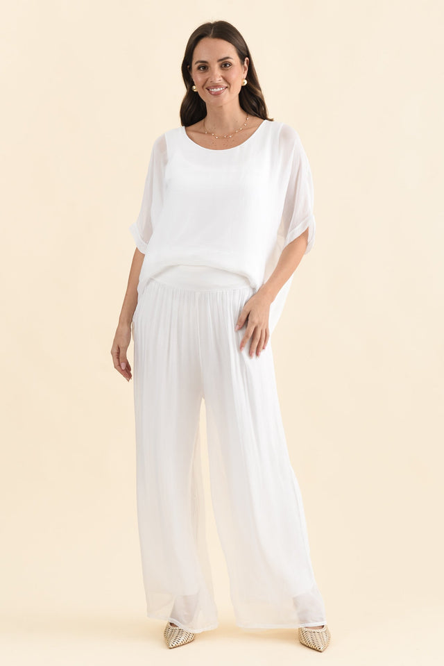 Laurier White Silk Wide Leg Pants,Brunette model,alt text|model:MJ image 3