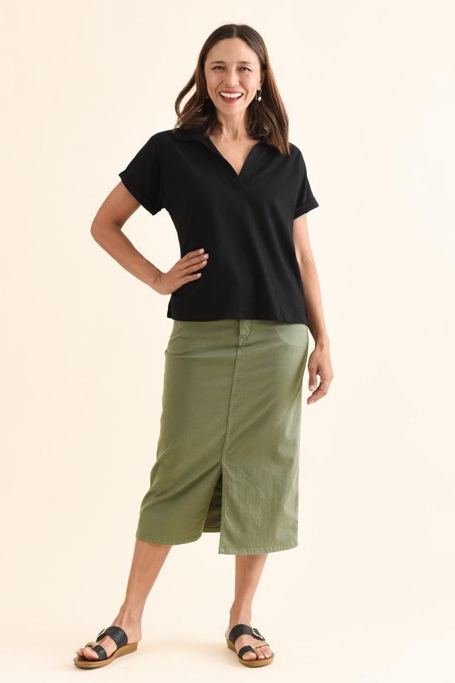 Talli Black Cotton Collared Tee,Full Body,Brunette model,alt text|model:Cara image 6