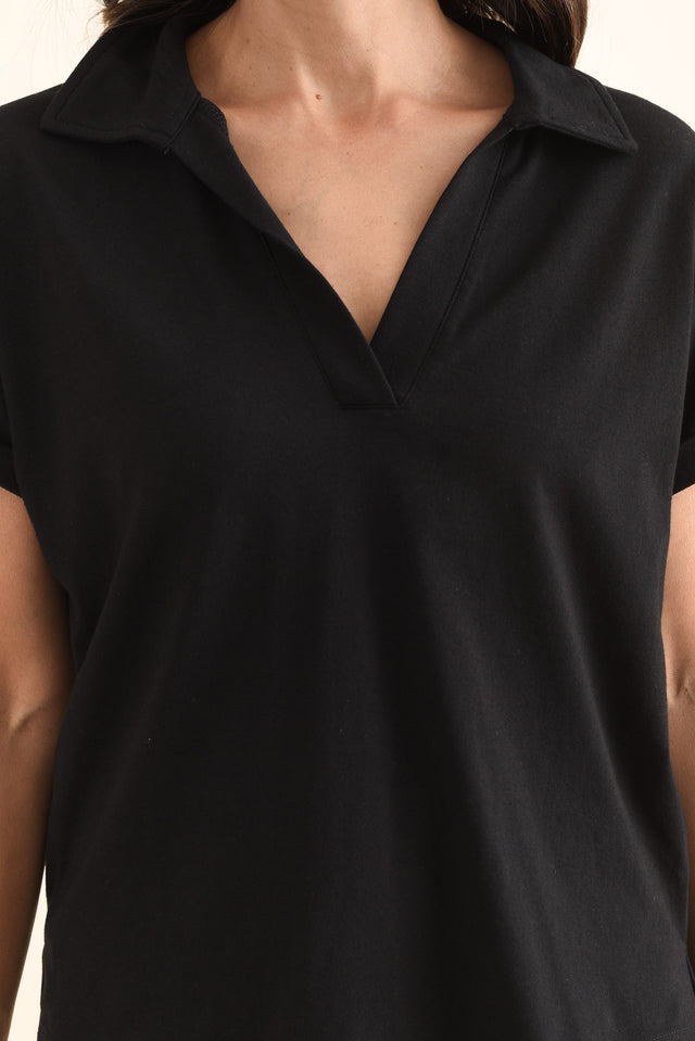 Talli Black Cotton Collared Tee,Detail,Brunette model,alt text|model:Cara image 5