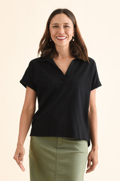 Talli Black Cotton Collared Tee