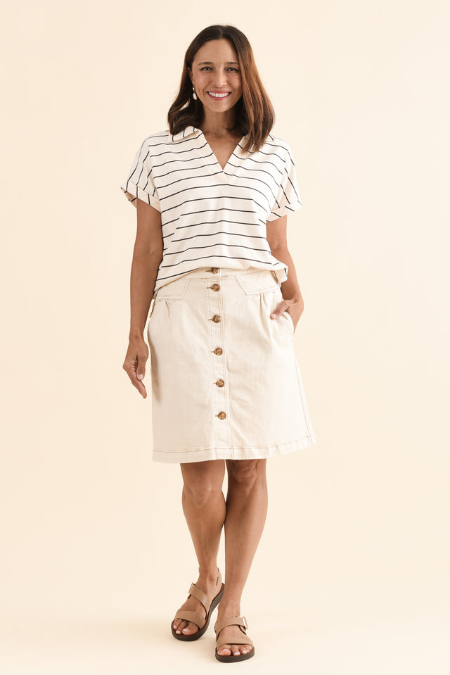 Talli Cream Stripe Cotton Collared Tee,Full Body,Brunette model,alt text|model:Cara image 6