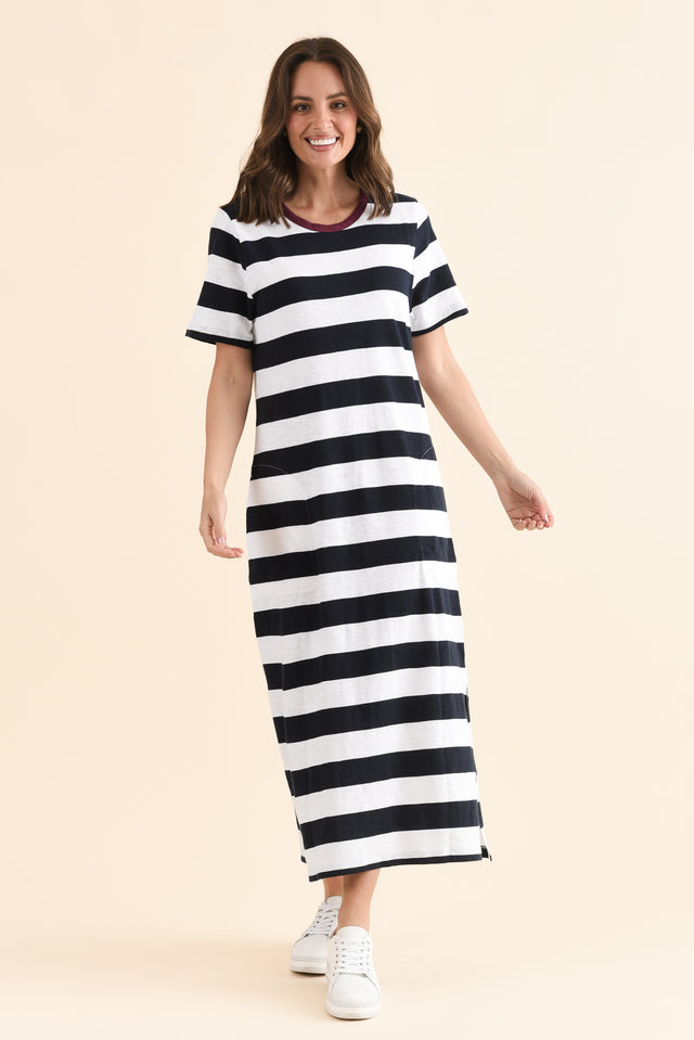 Tallow Navy Stripe Pocket Dress,Full Body,Brunette model,alt text|model:MJ