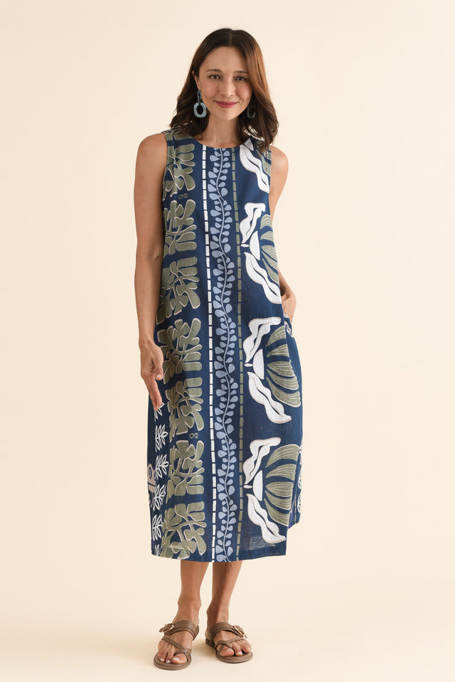 Tamera Navy Motif Organic Cotton Sleeveless Dress,Full Body,Brunette model,alt text|model:Cara