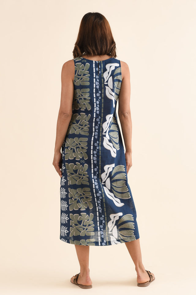 Tamera Navy Motif Organic Cotton Sleeveless Dress,Back,Brunette model,alt text|model:Cara image 4
