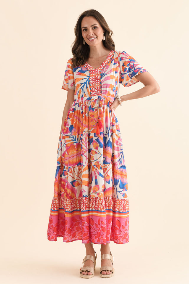 Tango Orange Palm Tie Dress,Full Body,Brunette model,alt text|model:MJ image 6