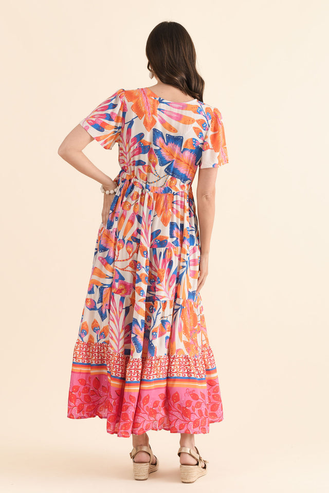 Tango Orange Palm Tie Dress,Back,Brunette model,alt text|model:MJ image 4