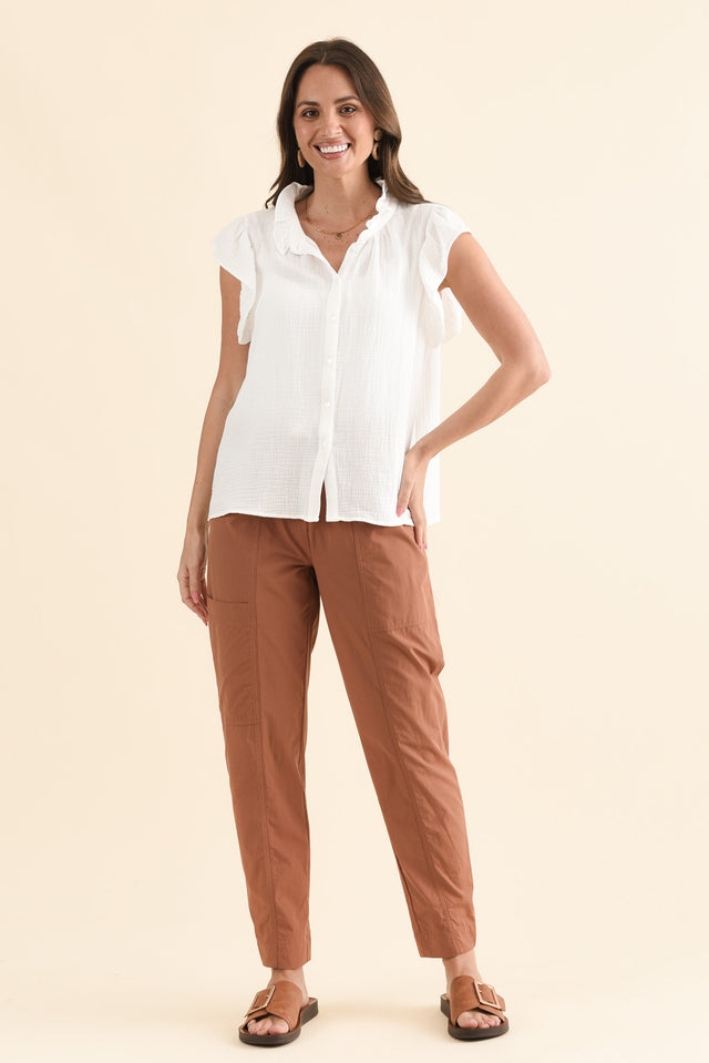 Taris White Cotton Ruffle Blouse,Full Body,Brunette model,alt text|model:MJ