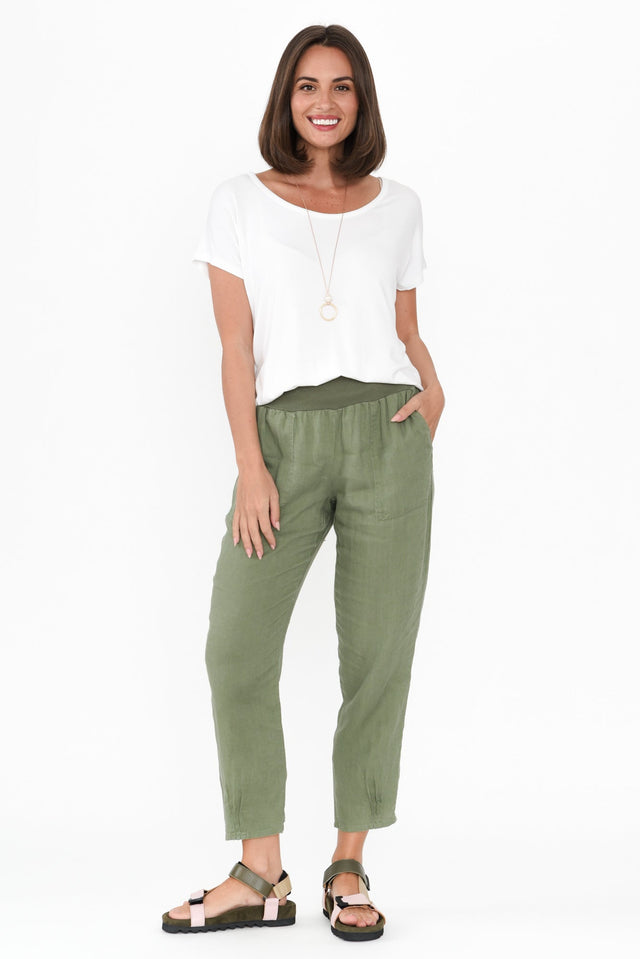 Tatum Khaki Linen Pants,Brunette model,alt text|model:MJ image 5