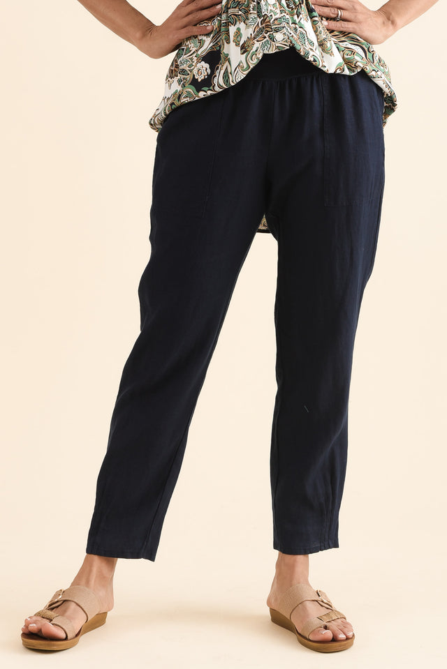 Tatum Navy Linen Pants,Front,Brunette model,alt text|model:Cara