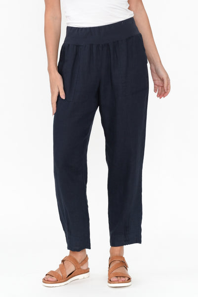 Navy Linen Simple Pant