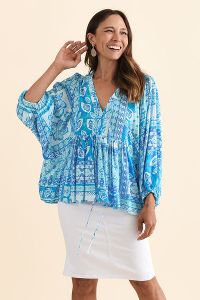 Tayler Blue Mosaic Puff Sleeve Top