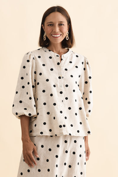 Teya Beige Spot Linen Puff Sleeve Blouse
