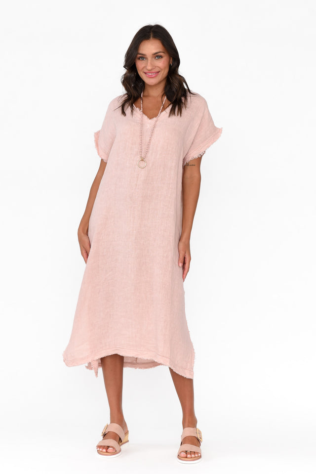 Thalina Blush Linen Frayed Dress