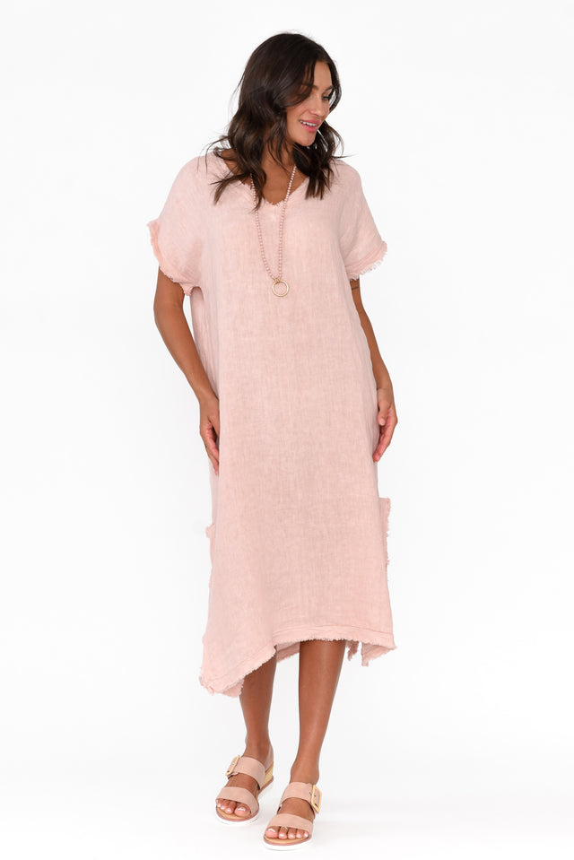 Thalina Blush Linen Frayed Dress