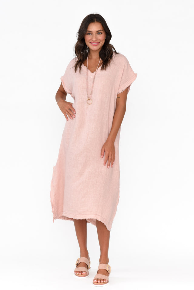 Thalina Blush Linen Frayed Dress