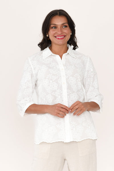 Thea White Flower Embroidered Cotton Shirt