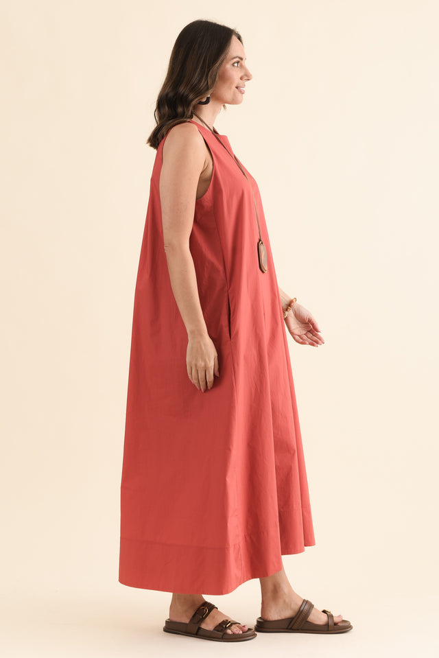Tia Coral Cotton Pocket Dress,Side,Brunette model,alt text|model:MJ image 3