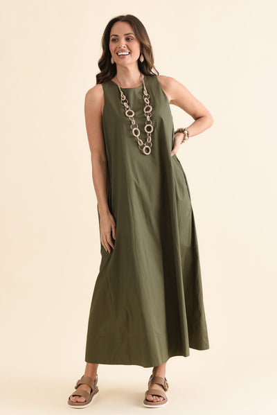 Tia Khaki Cotton Pocket Dress