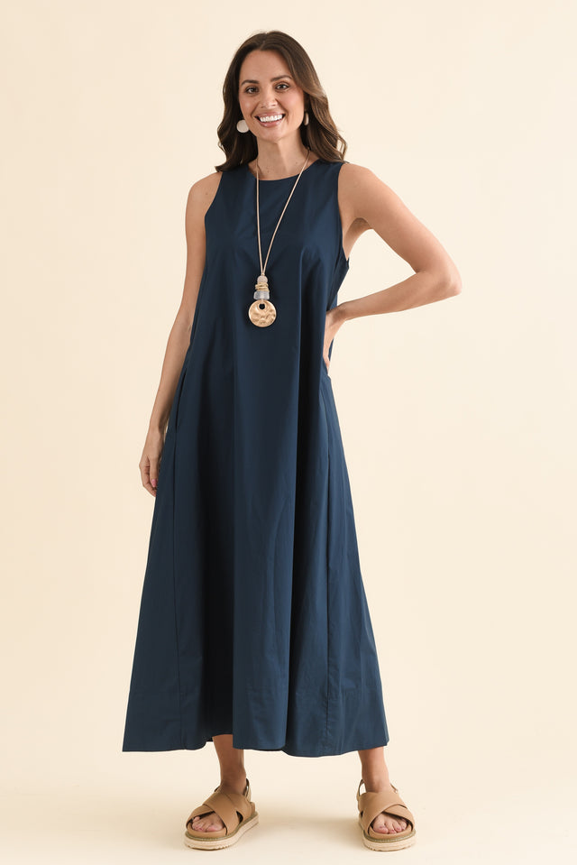 Tia Navy Cotton Pocket Dress,Front,Brunette model,alt text|model:MJ image 1