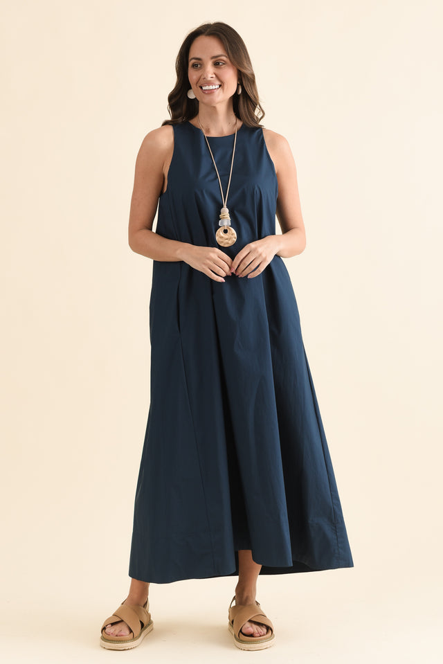 Tia Navy Cotton Pocket Dress,Full Body,Brunette model,alt text|model:MJ image 6