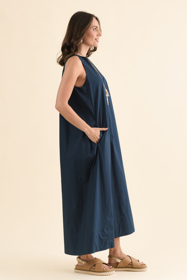 Tia Navy Cotton Pocket Dress,Side,Brunette model,alt text|model:MJ image 3