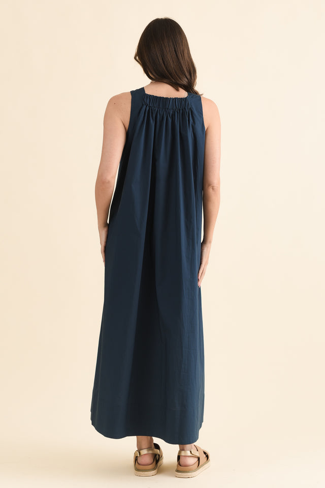 Tia Navy Cotton Pocket Dress,Back,Brunette model,alt text|model:MJ image 4