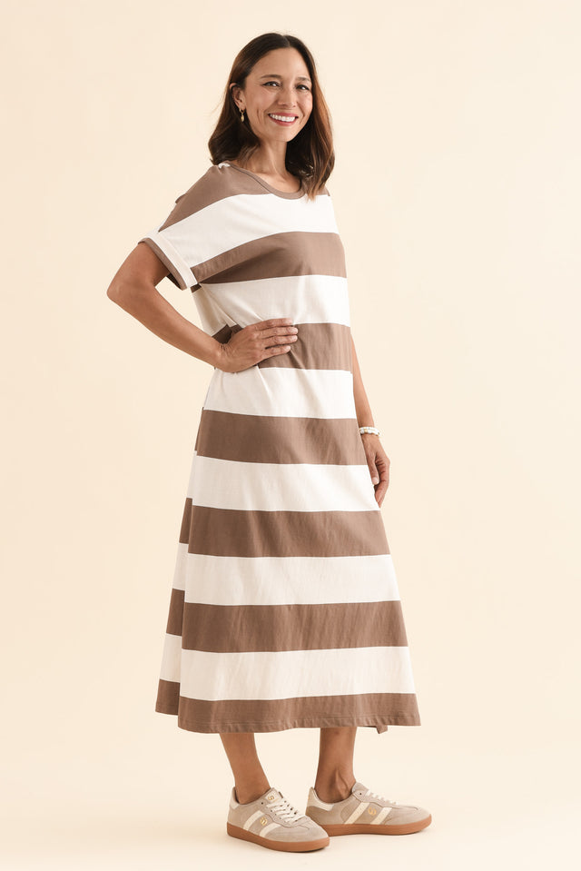 Tiarna Chocolate Stripe Cotton Dress,Side,Brunette model,alt text|model:Cara image 3
