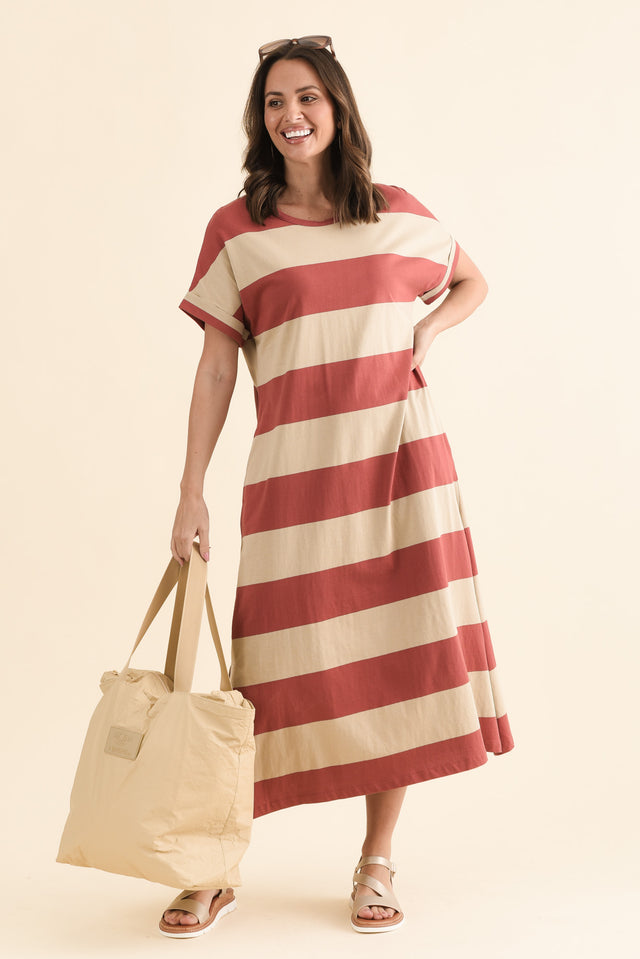 Tiarna Coral Stripe Cotton Dress,Front,Brunette model,alt text|model:MJ