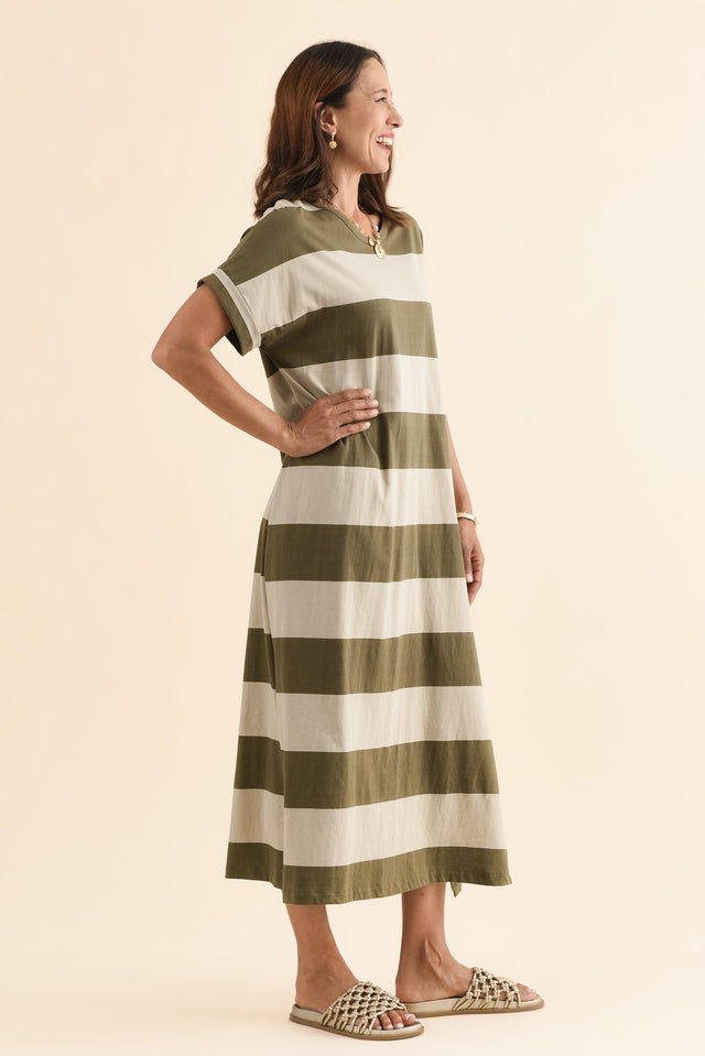Tiarna Khaki Stripe Cotton Dress,Side,Brunette model,alt text|model:Cara image 3