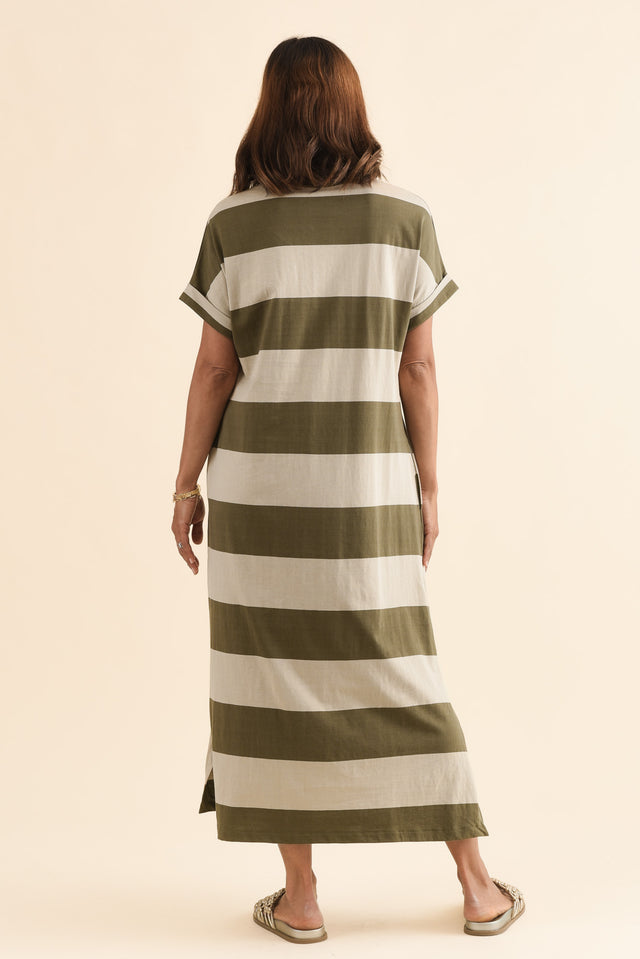 Tiarna Khaki Stripe Cotton Dress,Back,Brunette model,alt text|model:Cara image 4