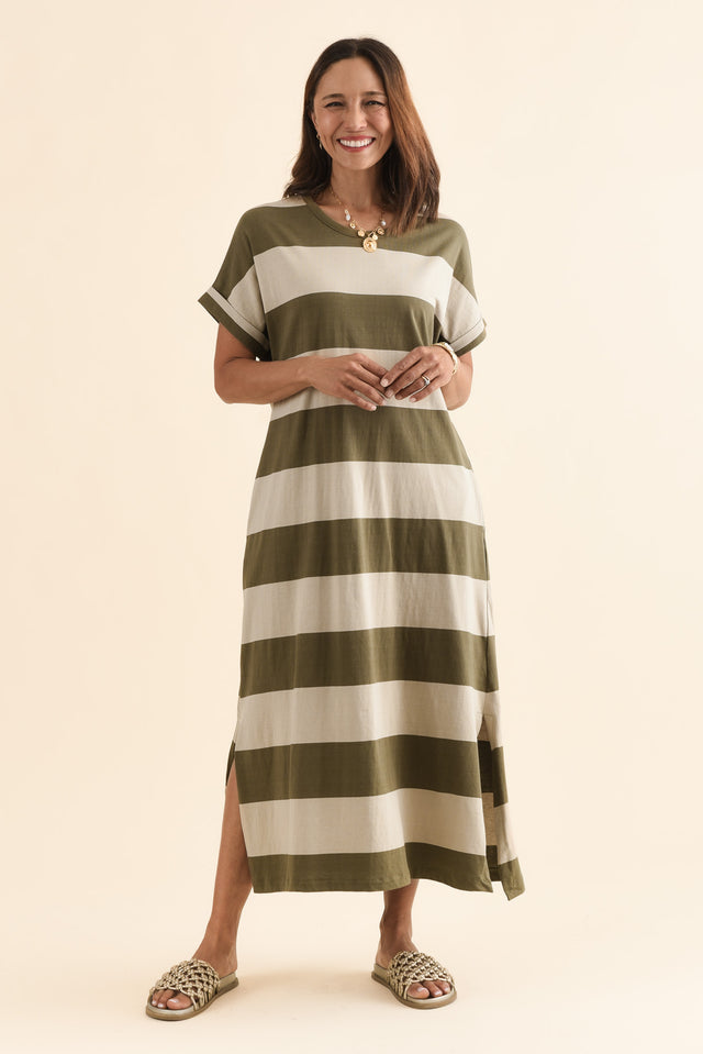 Tiarna Khaki Stripe Cotton Dress,Full Body,Brunette model,alt text|model:Cara image 2