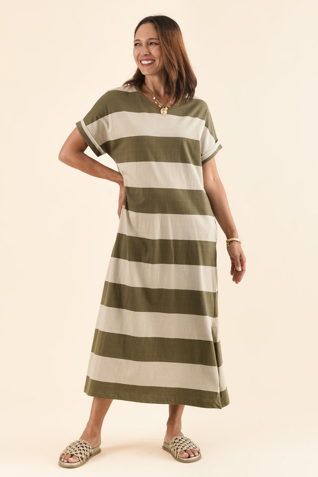 Tiarna Khaki Stripe Cotton Dress,Front,Brunette model,alt text|model:Cara image 1