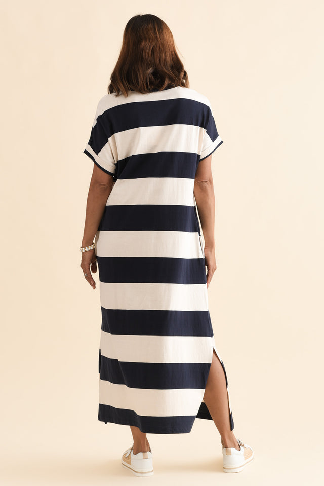 Tiarna Navy Stripe Cotton Dress,Back,Brunette model,alt text|model:Cara image 4