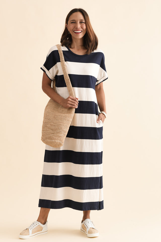Tiarna Navy Stripe Cotton Dress,Front,Brunette model,alt text|model:Cara image 1