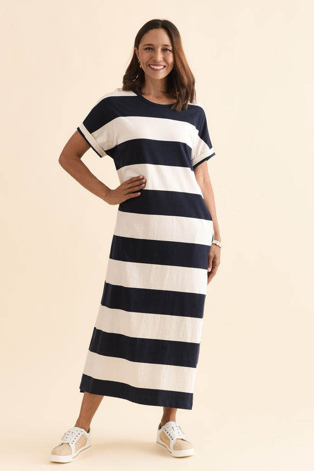Tiarna Navy Stripe Cotton Dress,Full Body,Brunette model,alt text|model:Cara image 2