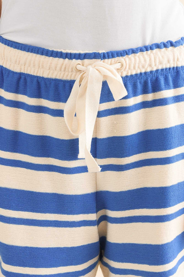 Tides Blue Stripe Cotton Drawstring Shorts,Detail,Brunette model,alt text|model:Brontie image 5