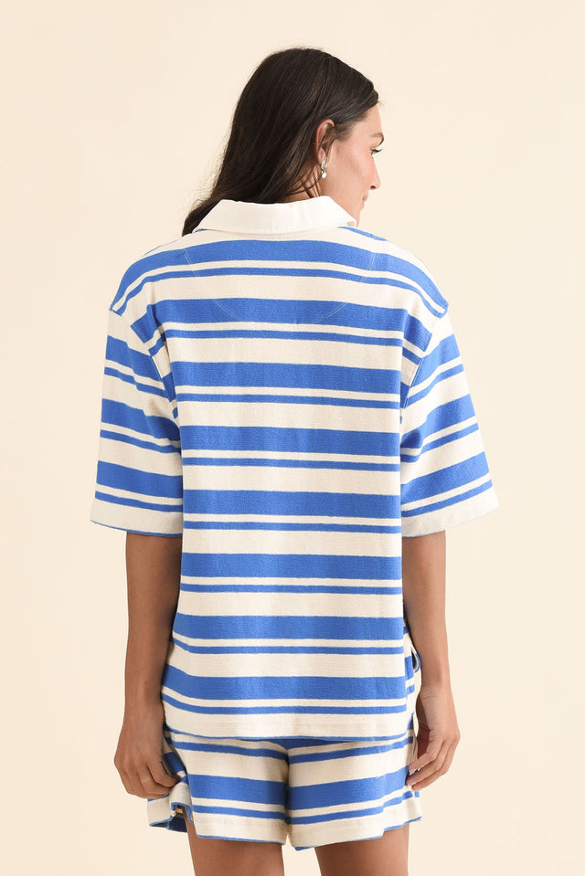 Tides Blue Stripe Cotton Polo Top,Back,Brunette model,alt text|model:Brontie image 3