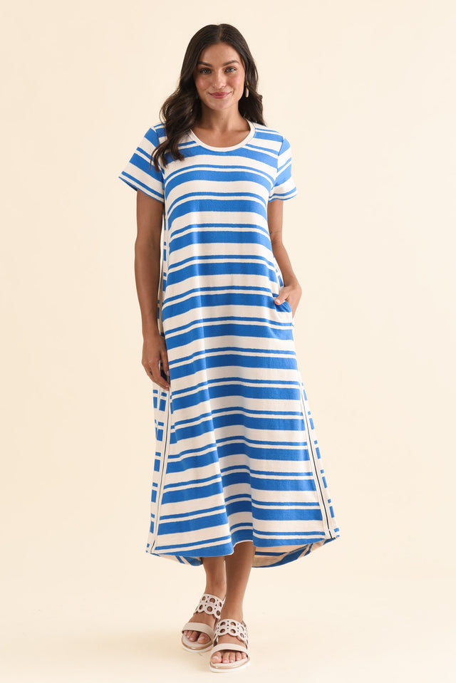 Tides Blue Stripe Cotton T-Shirt Dress,Full Body,Brunette model,alt text|model:Brontie image 2