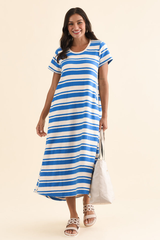 Tides Blue Stripe Cotton T-Shirt Dress,Front,Brunette model,alt text|model:Brontie image 1