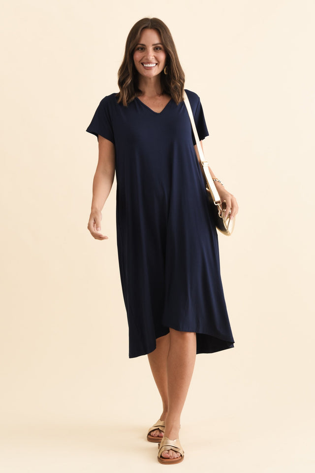 Tiffany Navy Bamboo Tee Dress,Brunette model,alt text|model:MJ image 2