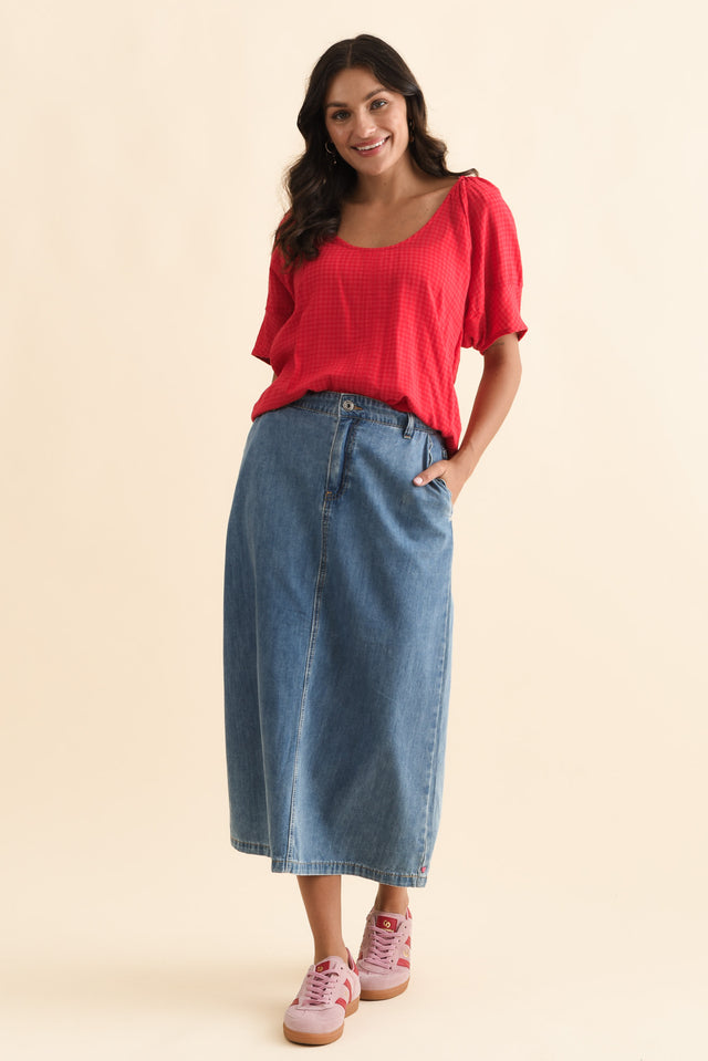 Tilda Blue Denim Midi Skirt,Brunette model,alt text|model:Brontie image 7