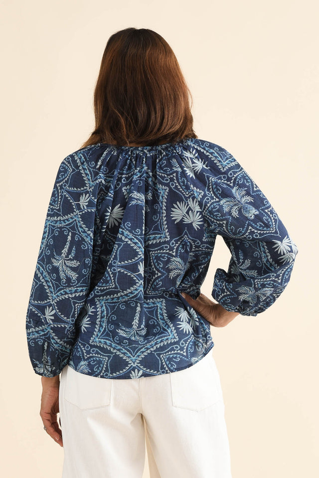 Timon Blue Palm Cotton Top,Back,Brunette model,alt text|model:Cara image 4