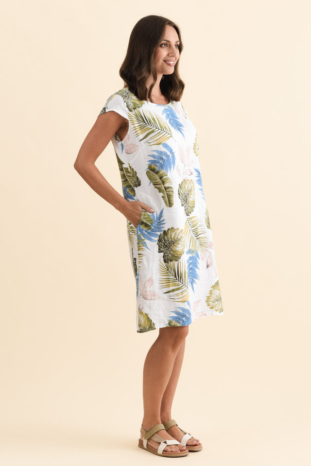 Tina White Palm Linen Pocket Dress,Brunette model,alt text|model:MJ image 4