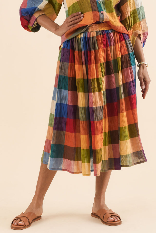 Toby Orange Check Cotton Skirt,Front,Brunette model,alt text|model:Cara image 1