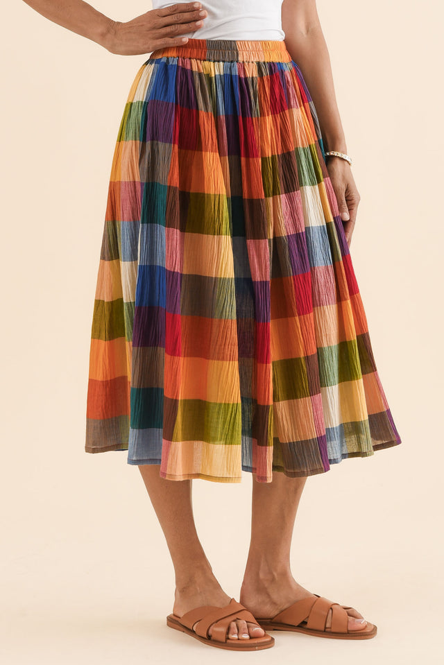 Toby Orange Check Cotton Skirt,Side,Brunette model,alt text|model:Cara image 3